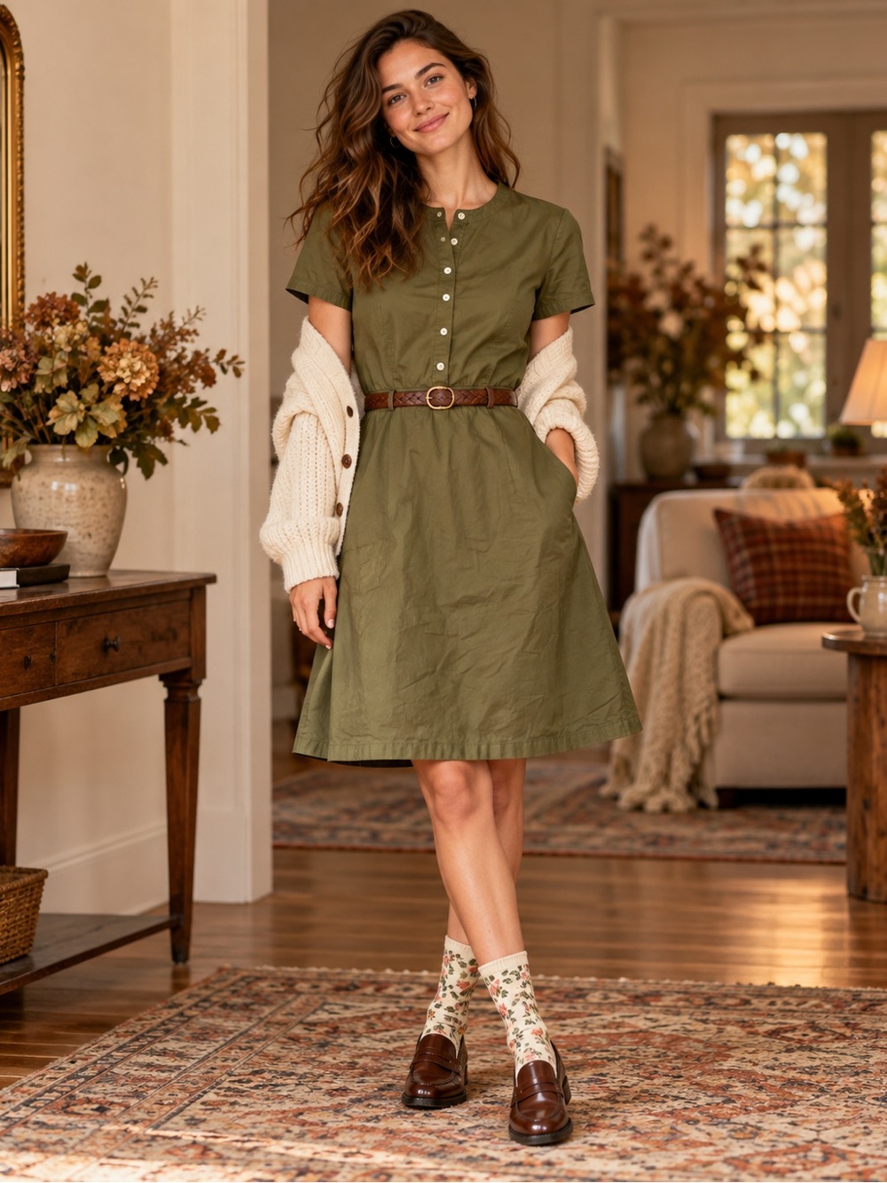 J.Crew Olive Green Cotton Stretch Shirt Dress Size 4 Fit Flare Pockets